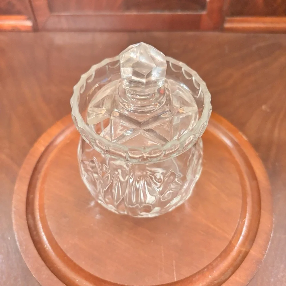 Vintage Clear Pressed Glass Mustard Condiment Jar Floral Starburst